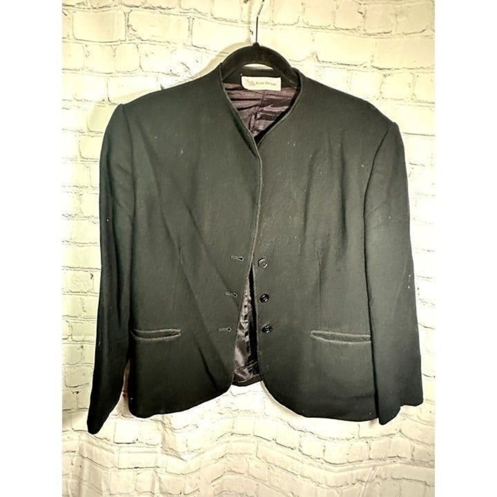 Evan-Picone Vintage Black 100% Wool‎ Collarless Blazer Jacket Womens Tailored